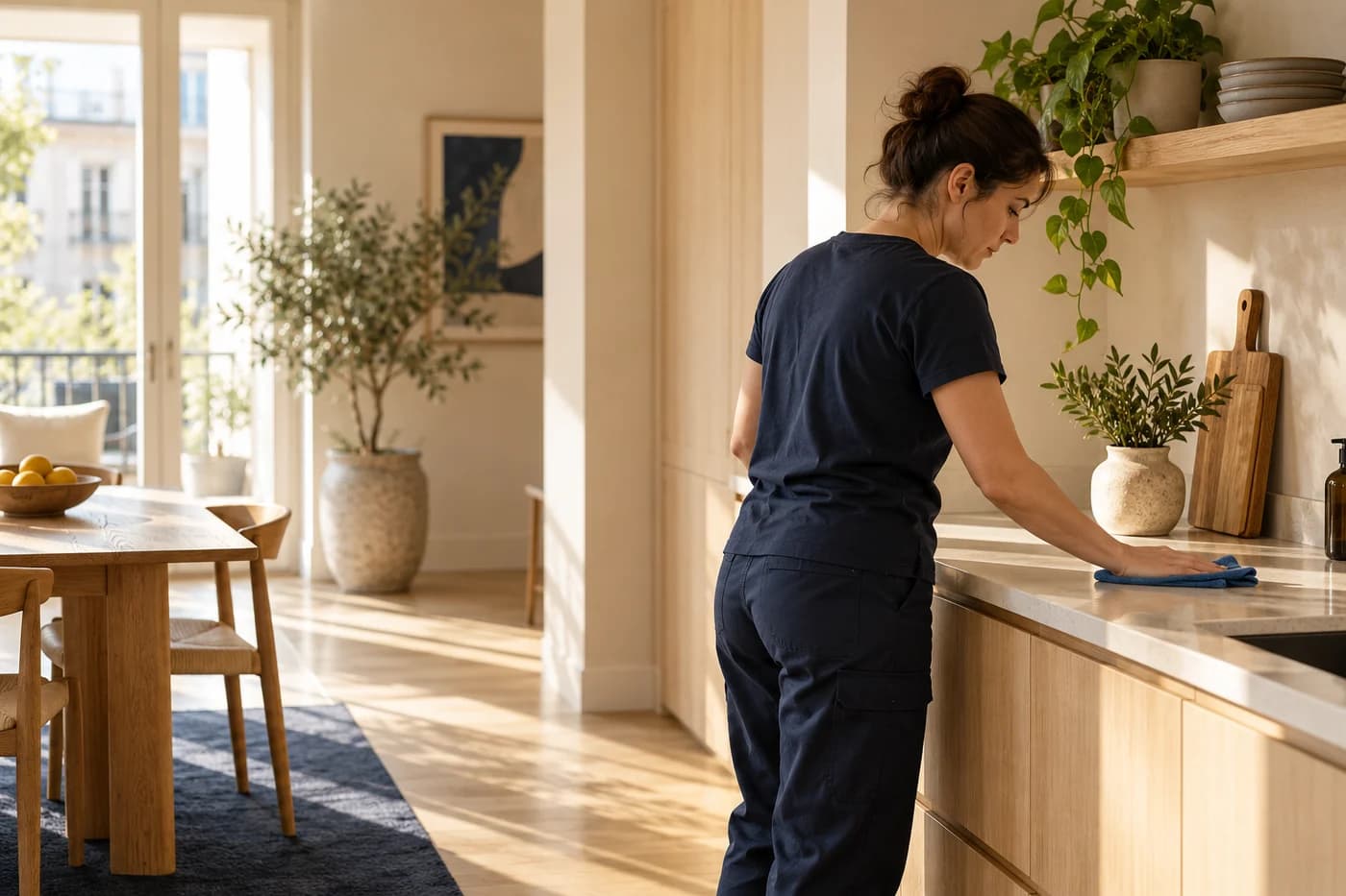 Illustration of household help in a sunlit apartment